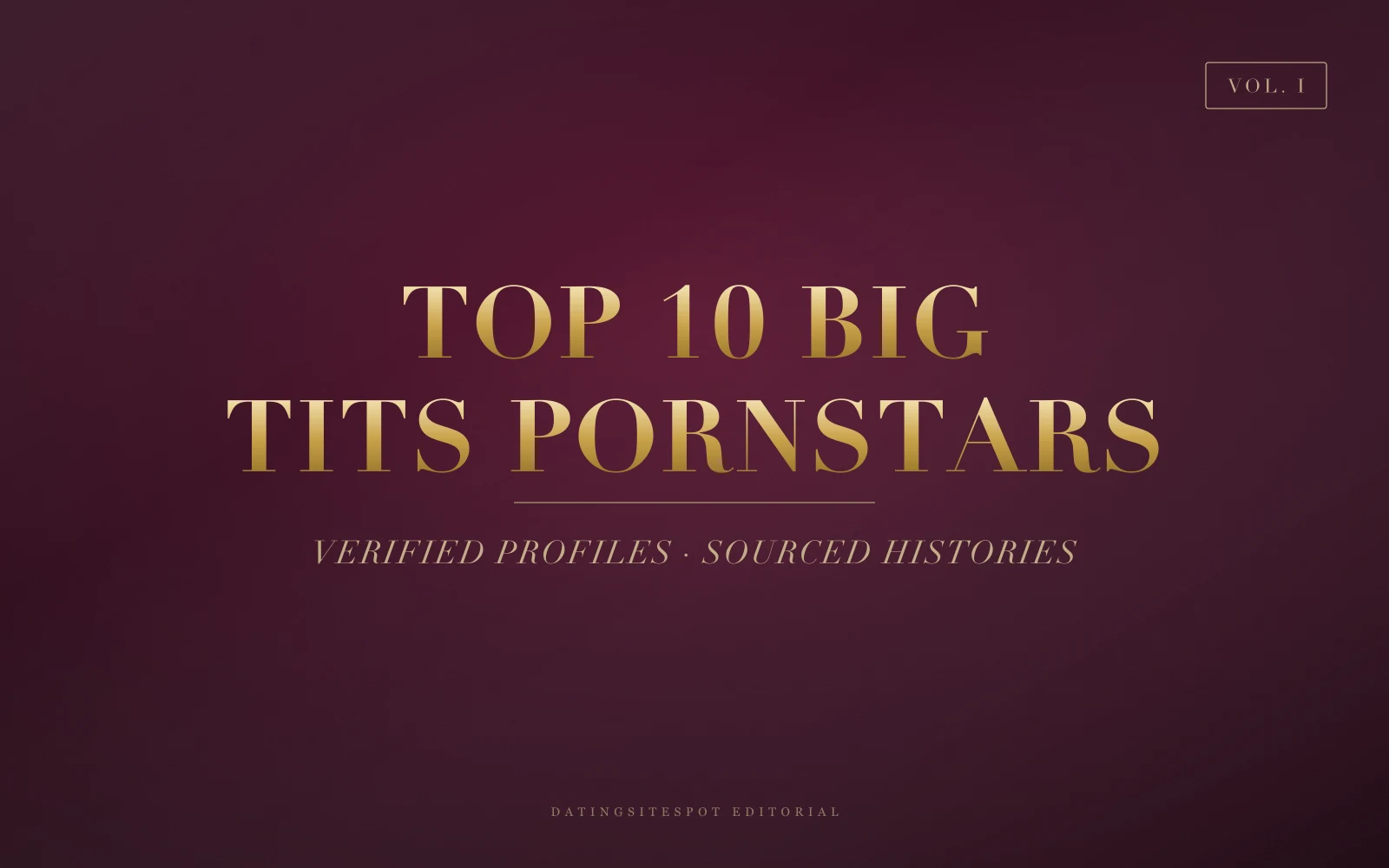 Editorial cover: gold serif 'Big Tits Pornstars' on dark wine velvet — 15 performers, real, fact-checked profiles