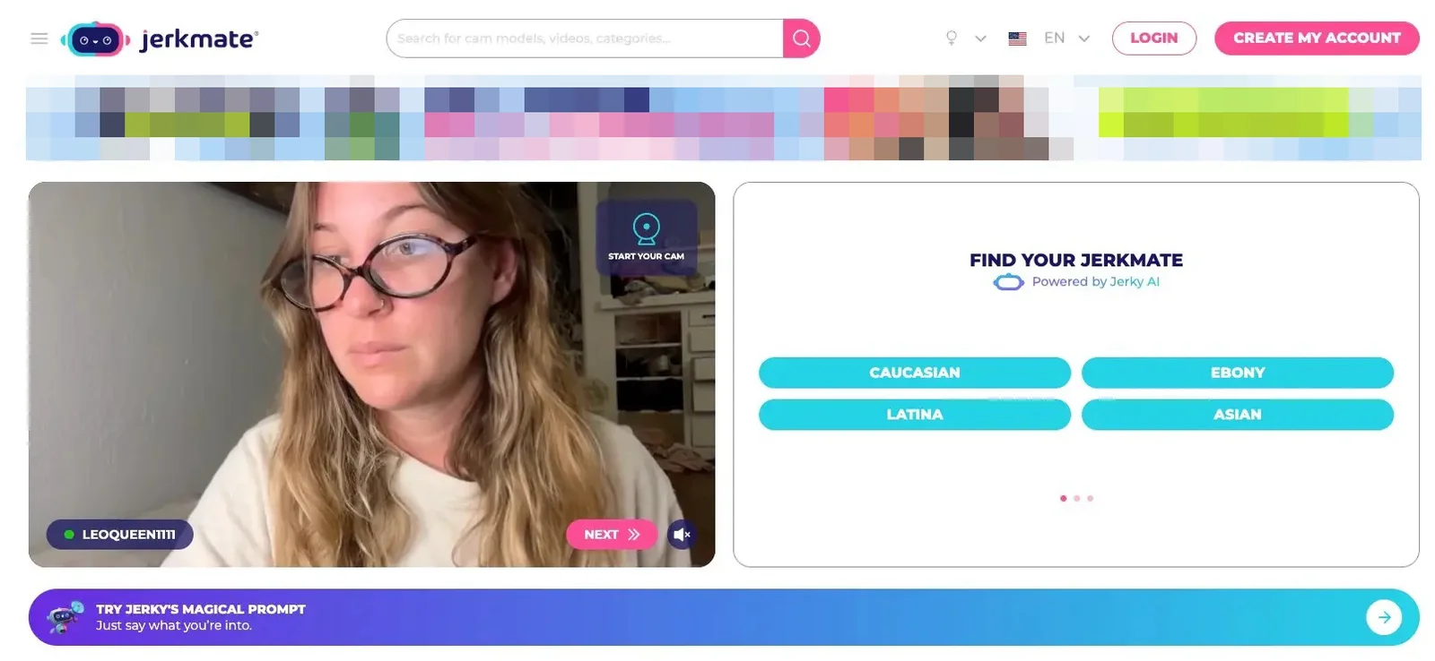 Jerkmate homepage interface showing the live cam directory and matching panel