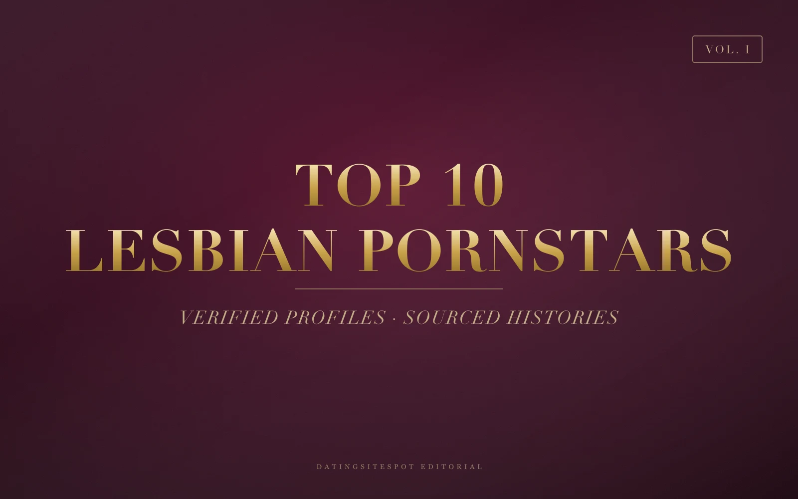 Editorial cover: gold serif 'Lesbian Pornstars' on dark wine velvet — 10 girl/girl performers, fact-checked