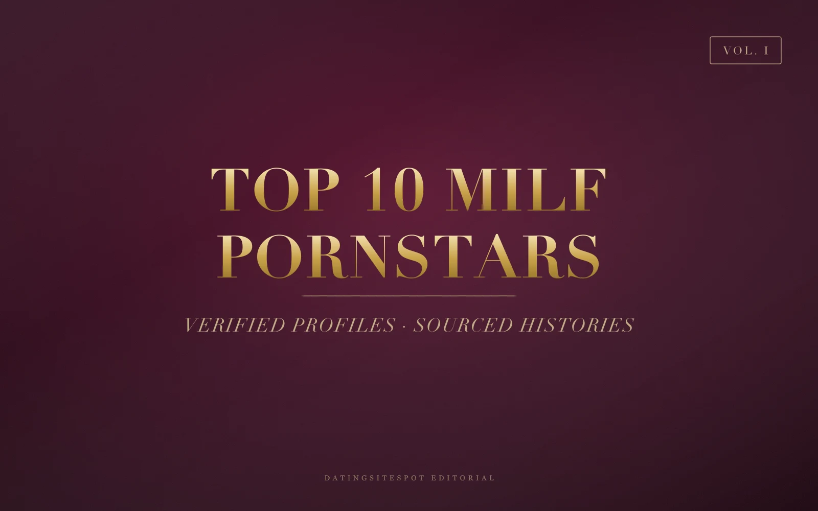 Editorial cover: gold serif 'MILF Pornstars' on dark wine velvet — 10 verified icons