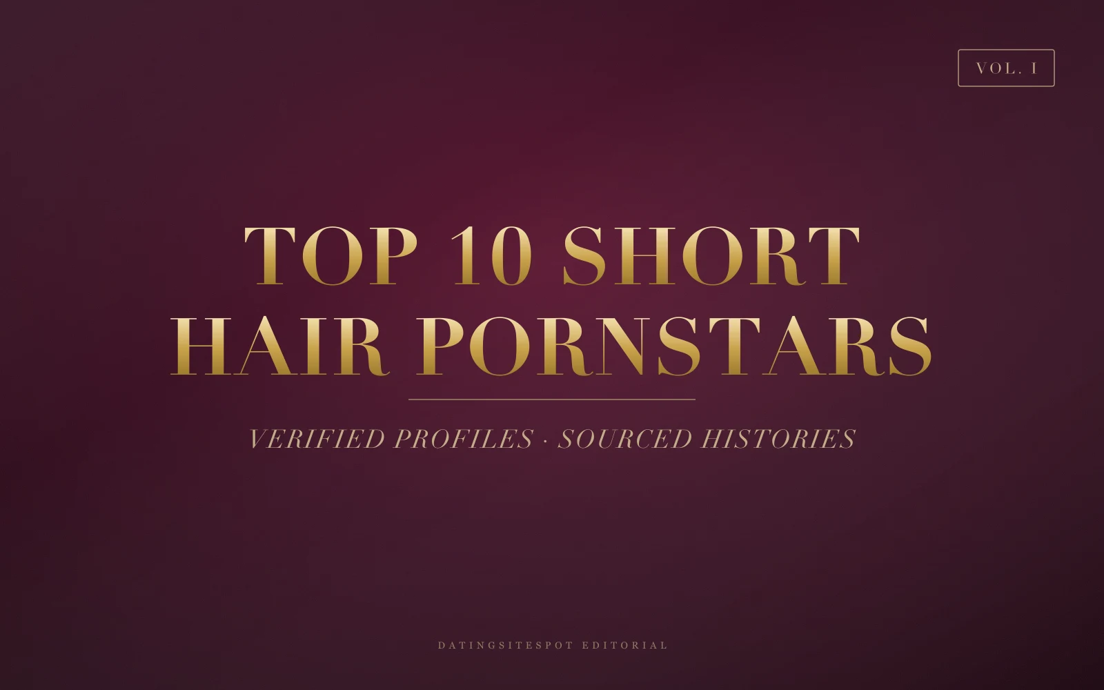 Editorial cover: gold serif 'Short Hair Pornstars' on dark wine velvet — 10 verified pixie, bob and buzzcut performers