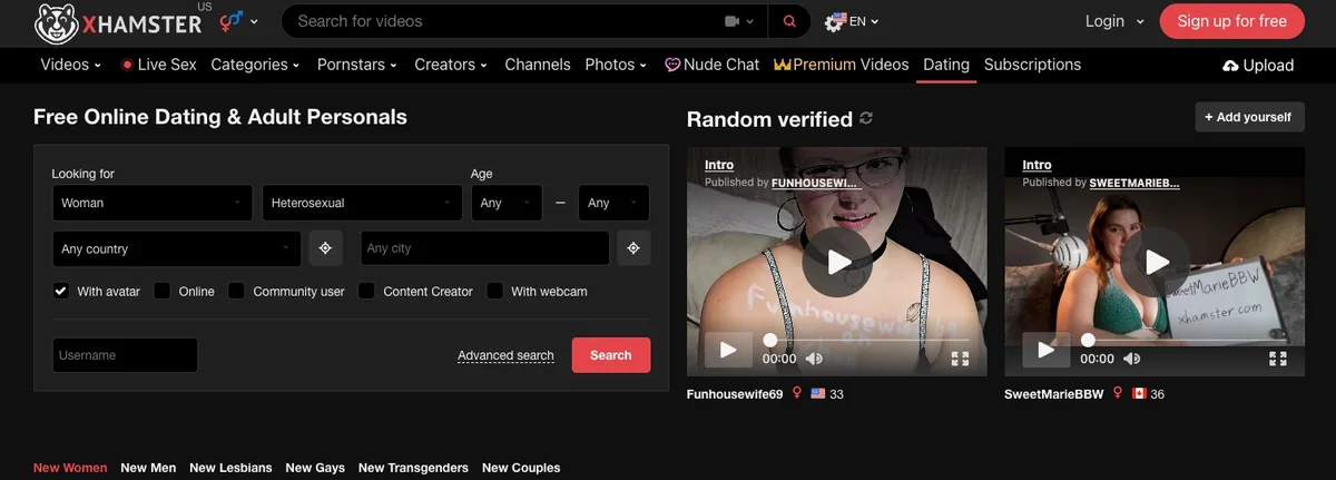The xHamster Dating section interface